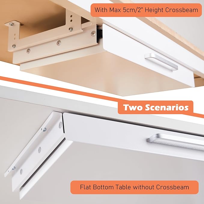 Under Desk Drawer Organizer 21" White Upgrade with Adjustable Brackets, Sliding Pull-Out Under Table Pencil Drawer, Office Standing Desk Attachment for Workbench