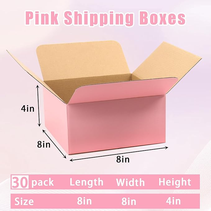 8x8x4 Pink Shipping Boxes, 30 Pack Mailing Boxes for Small Business, Corrugated Cardboard Boxes for Shipping, Packaging