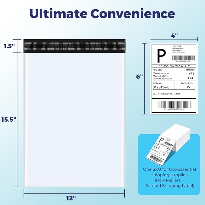 Fuxury 100 Pcs 12x15.5" Poly Mailers Sets with 4x6" Thermal Labels, Waterproof Mailing Envelopes & Stickers for Clothing, Strong Adhesive Poly Shipping Postage Bags for Business (White)