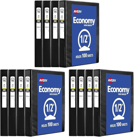 Avery Economy View 3 Ring Binders, 0.5" Round Rings, 100-Sheet Capacity, Black, (17701) (Pack of 12)