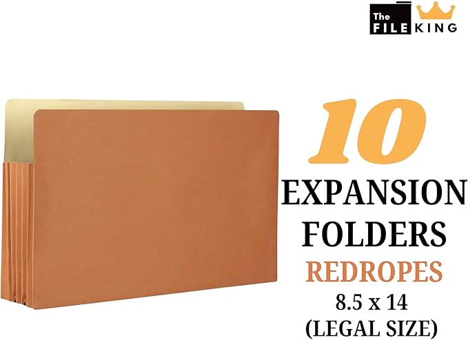 The File King Expanding Accordion File Folder - Legal Size | Box of 10 Redropes | 3.5” Expansion | Store and Organize Papers | Keep Records in One Place | Save Time Searching