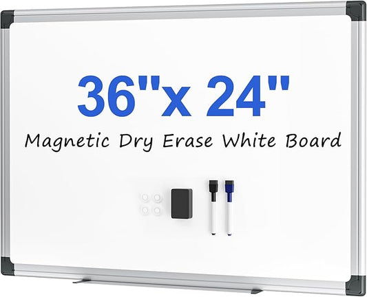 VUSIGN Magnetic White Board 36" x 24" for Wall, Dry Erase Board for Home Office, School, Study Room – Silver Aluminum Frame with 2 Markers, 4 Magnets & Eraser