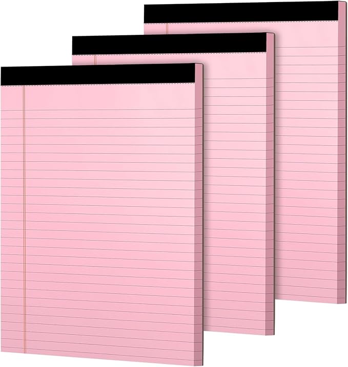 WINKIO Colored Legal Pads, 3 Pack Writing Pads 8.5 x 11 inch, Micro Perforated Notebooks with Sturdy Back, Wide Ruled, 30 Sheets Per Writing Pad for School, College, Office, Professional (Pink)