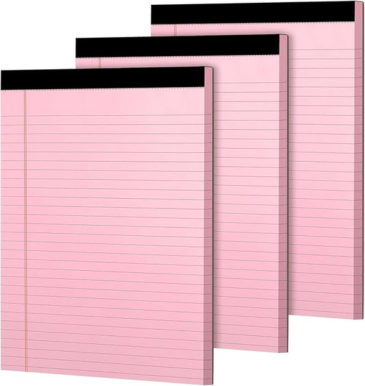 WINKIO Colored Legal Pads, 3 Pack Writing Pads 8.5 x 11 inch, Micro Perforated Notebooks with Sturdy Back, Wide Ruled, 30 Sheets Per Writing Pad for School, College, Office, Professional (Pink)