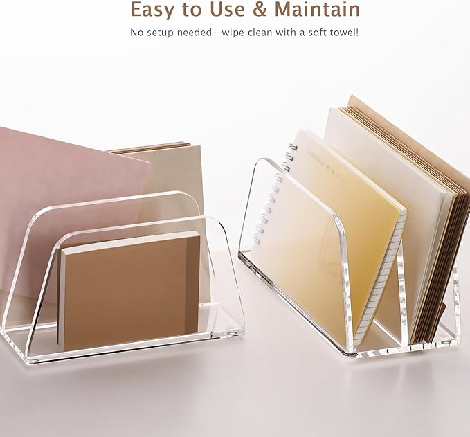 SANRUI Acrylic Mail Organizer, 2-Slot Clear Paper Letter Sorter Mini Desk Organizer, Sleek Office Desk File Holder for Mail, Bills, Notebooks 6.7"x3.5"x3.8"