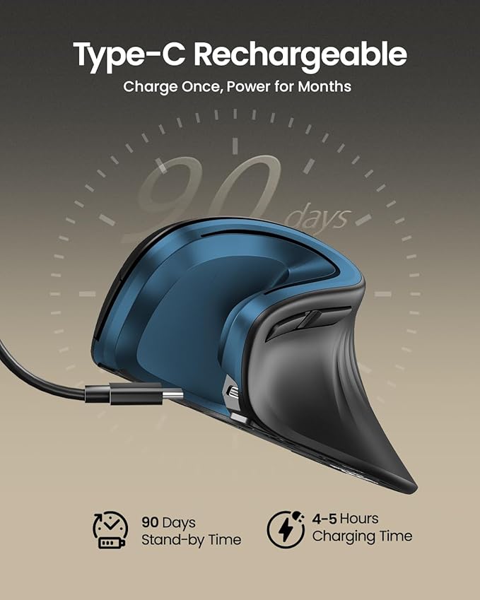 ProtoArc Ergonomic Mouse, EM11 NL Wireless Vertical Mouse, Ergo Mouse with Multi-Device, USB-C Rechargeable Mice for Windows, Mac OS, PC/Notebook/Laptop,Blue