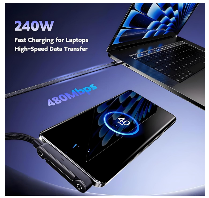 Growalleter 240W Invisible Stand Charging Cable, 2-in-1 Adjustable Phone Holder with 90° Angled USB-C Cord, 5ft Fast Charge Cable for iPhone 15-17, Smartphones, Tablets(1 Pcs)