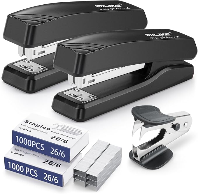 Desktop Office Stapler with 2000 Staples: IMLIKE Half Strip Desk Staplers, take 26/6 Staples 25 Sheets Capacity, Metal Construction, Non-Slip Base, Black, 2-Pack
