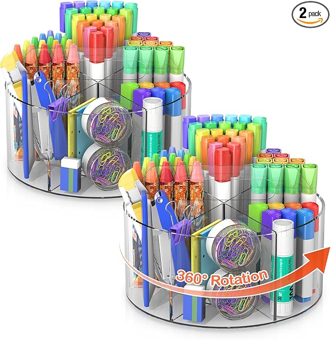 Acrylic Pen Holder, 2 Pack 360 Rotating Organizer With 6 Compartments, Desk Office Storage for 800 Pens, Markers, Crayons and Art Supplies