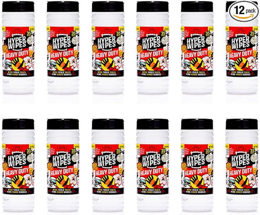 Hyper Wipes, 12 Pack Heavy Duty Hand & Tool Cleaning Wipes, 7"x12" Size Multi-Surface Cleaning Wipes, Degreasing, All Purpose Cleaner, Bathroom, Mechanic, Work Surface Wipes, 420 Count Canister