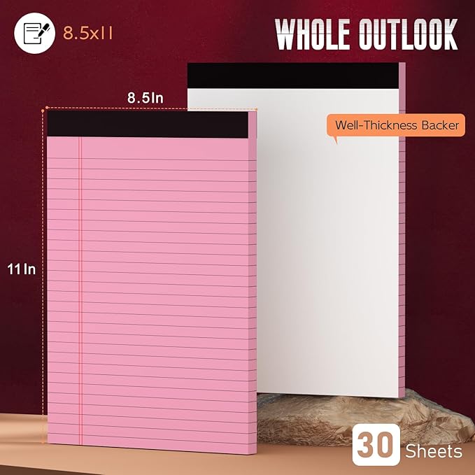 Pink Legal Pads 8.5 x 11 Wide Ruled Notepads, 3 Pack Note Pads 8.5 x 11 Lined Paper Pink Writing Pads 30 Sheets per Notepad Double-Side Printed Colored Legal Pads 8.5 x 11 for Home, Office, School