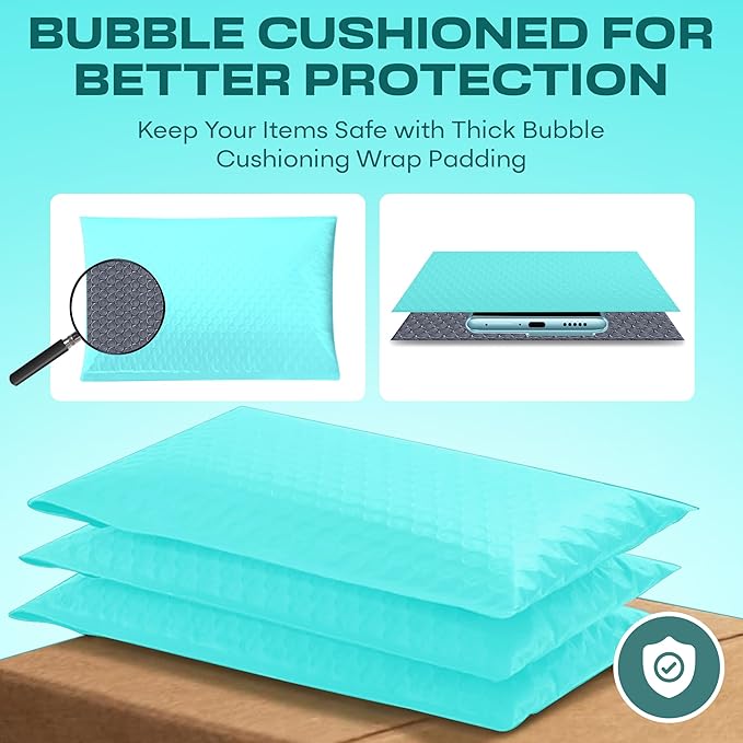 Teal Small Bubble Mailers 4x8 Inch #000 | Thick Padded Poly Bubble Mailer Envelopes | 500 Pack Bulk | Trading Card Sports Card Shipping