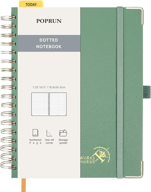 POPRUN Spiral Bullet Dotted Journal Notebook, 7-1/4" x 9-1/2" - 120 GSM Thick Paper, 220 Numbered Pages, Hardcover for Men & Women with Pocket, Index Tabs, 8 Perforated Sheets, Midnight Green
