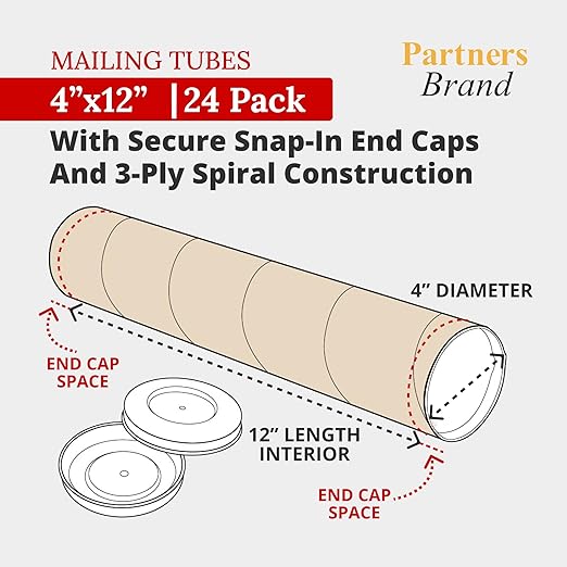 PARTNERS BRAND Cardboard Tubes with Caps, 12"L x 4"W x 4"H, Pack of 24 | Poster Tube for Mailing and Storage of Blueprints, Artwork, Crafts, Long Art Holder, 12 inches