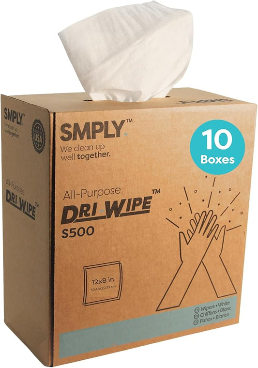 Dri-Wipe S500 by SMPLY Brands – All-Purpose Disposable Wipes, 10 Boxes of 176 (1,760 Total Wipes), Strong Alternative to Shop Towels & Paper Towels, 8" x 12" Center-Pull Sheets