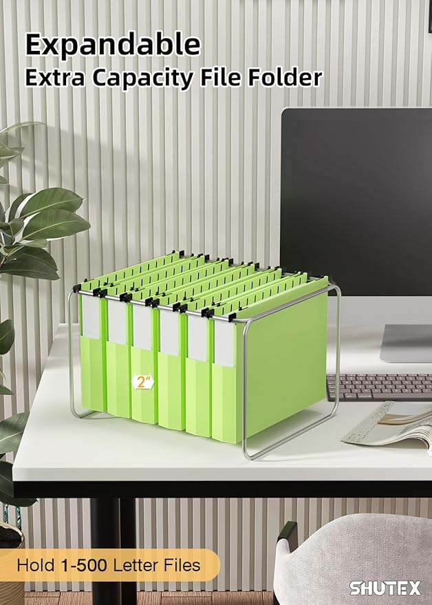 Extra Capacity Plastic Hanging File Folders,12 Pack Reinforced Hang Folder,Heavy Duty 2'' Expansion,Filing Cabinet Folders Letter Size with tabs for Bulk Files/Medical Charts(Mustard Green)