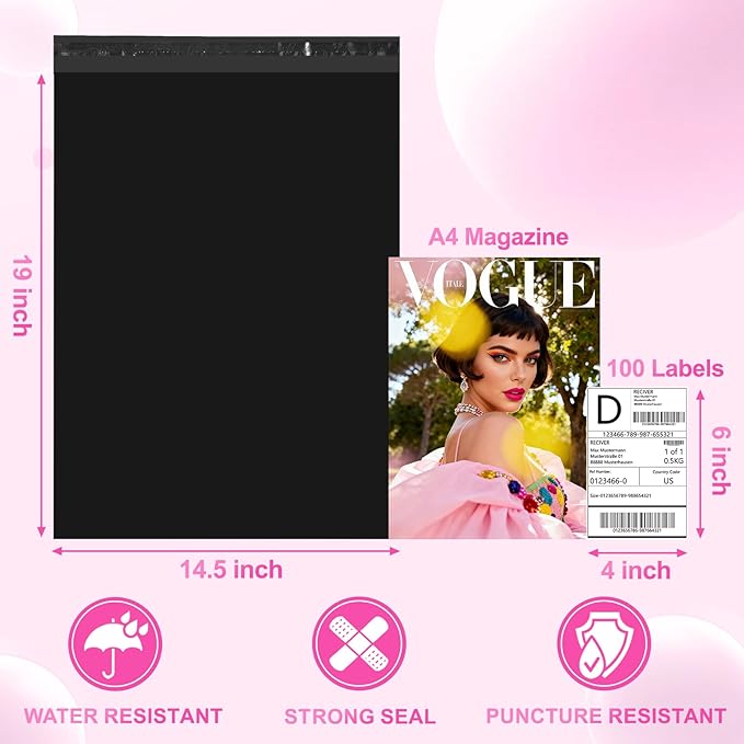 Metronic Poly mailers 14.5x19'' 100pcs with 4x6 Thermal Labels 100 Labels, Strong Adhensive Shipping Bags for Clothing,Waterproof Shipping Envelopes Mailing Bags for Small Business,Black