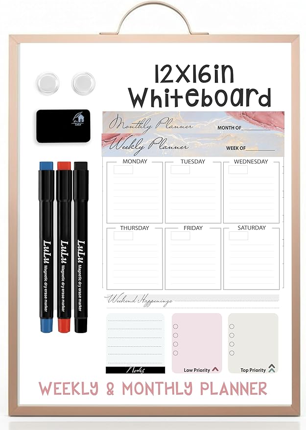 Small Whiteboard 12 x 16 Inch Magnetic Dry Erase Board with Handle | Rose Gold Aluminum Frame | Double-Sided Planner Board with Weekly & Monthly Sheets | 3 Markers, Eraser & 2 Magnets