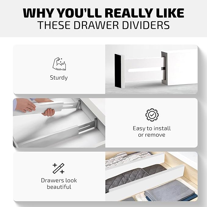 Bambüsi 4 Pack Drawer Dividers - 2.6" High, 16-22" Adjustable Bamboo Drawer Organizers for Clothes, Expandable Dresser Separators in Bedroom/Bathroom/Kitchen/Office Organization and Storage (White)