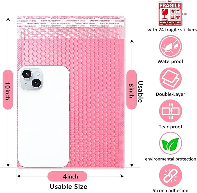 Bubble Mailers 4x10" 30 Pack and 24PCS Fragile Stickers Bright Pink Thick Waterproof Padded Poly Envelopes Small Bubble Wrap Mailers Self Seal Shipping Bag for Mailing Jewelry Makeup Small Business#0