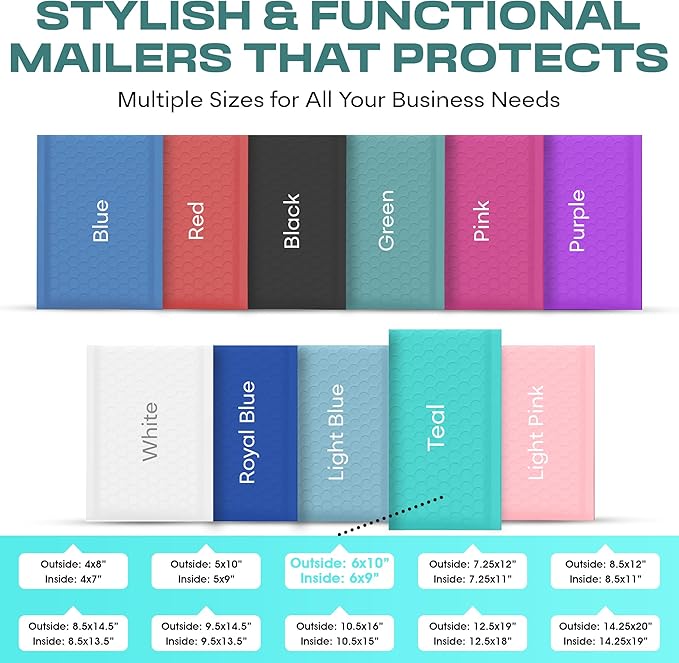 Teal Small Poly Bubble Mailers 6x10 inch #0 | Self Seal Padded Envelopes | Cushioned Bubble Mailer | Usable Size 6x9 | WaterProof | Lightweight mailing Shipping Bags | 500 Pack Bulk