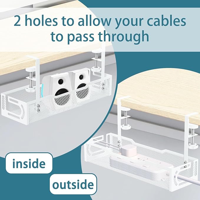 2Pack Under Desk Cable Management Tray, No Drill Mesh Desk Cable Tray, Wire Management Tray Cable Management Rack, Wire Organizer and Cable Management Box (White)
