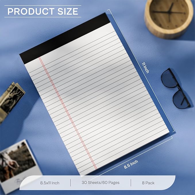 Notepads 8.5 x 11 Legal Pads of Paper, 8 Pack Note Pads 8.5 x 11 Lined Paper Wide Ruled, Perforated Legal Pad 8.5 x 11'' Paper Pads with Strong Backer Note Pad for Office, School, Homework