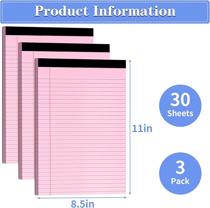WINKIO Colored Legal Pads, 3 Pack Writing Pads 8.5 x 11 inch, Micro Perforated Notebooks with Sturdy Back, Wide Ruled, 30 Sheets Per Writing Pad for School, College, Office, Professional (Pink)