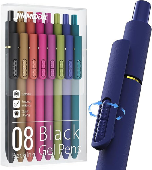 8Pcs Black Gel Pens - 0.7mm Medium Point Black Ink Pens | Smooth Writing - Quick Drying Retractable Pen for Men Women (Vintage - 8Pcs)