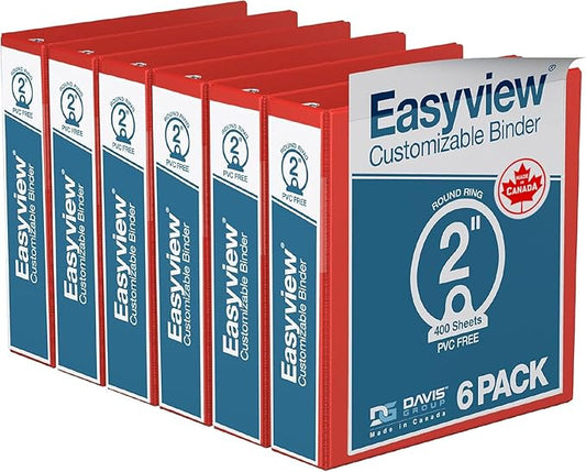Easyview Premium 3-Ring Binders with Clear-View Covers and Round Rings, Binders for School or Office, 2 Inch, Pack of 6, Red