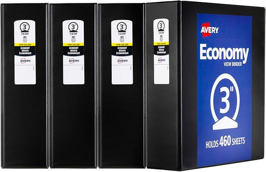 Avery Economy View 3 Ring Binders, 3" Round Rings, 4 Black Binders (03361)