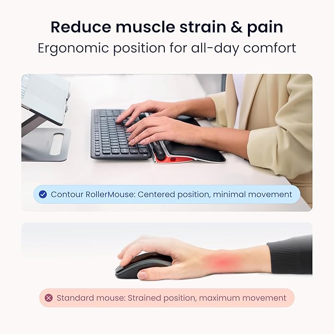 Contour RollerMouse Red Ergonomic Mouse for Shoulder Forearm Wrist Strain Relief for RSI Carpal Tunnel Centered Rollerbar 6 Customizable Buttons 10 Speed Settings Mac/PC Compatible - Wireless - Plus