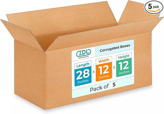 Long Shipping & Moving Boxes 28 x 12 x 12 inches (5-Pack) - Extra Strength 200 lb vs Regular - Corrugated Boxes for Packaging Moving Stuff - Corrugated Packaging Box - Long Box by IDL Packaging
