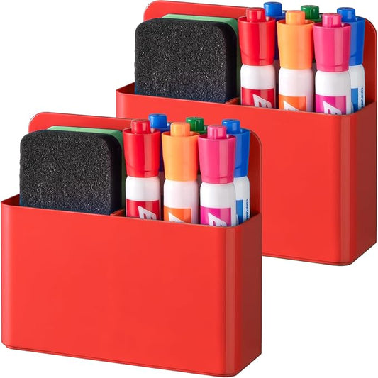 BEYGORM 2 Pack Plastic Magnetic Pen Holder for Refrigerator, Dry Erase Marker Holder for Whiteboard，Magnet School Locker Organizer Accessories, Pencil Cup, Pen Caddy, Classroom Organization(Red)