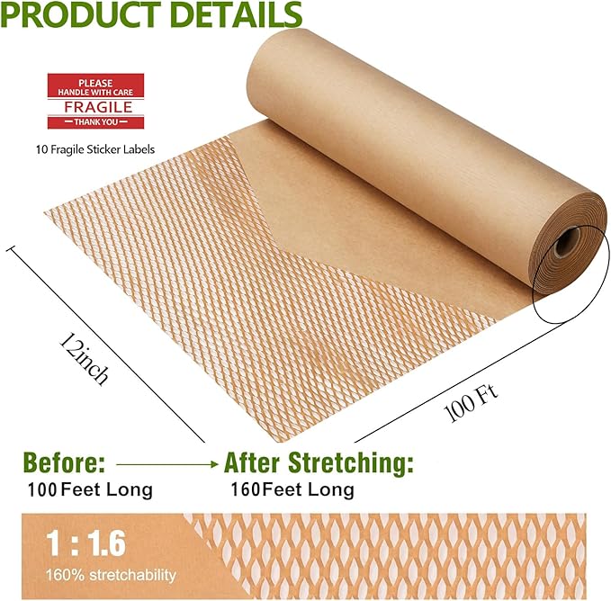 Honeycomb Packing Paper,12" W x 100' L Packing Paper for Moving,Products & Gifts Honeycomb Wrapping Paper,Recyclable and Biodegradable Cushioning Packing Material with 10 Fragile Sticker Labels