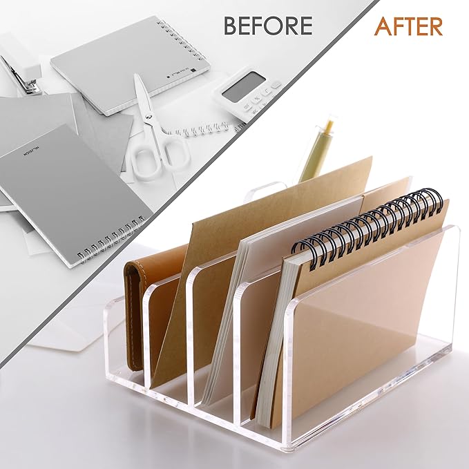 SANRUI Acrylic Mail Organizer, 5 Compartments File Holder for Desk,Letter Sorter with Pen Holder,Desk Organizers and Accessories,Clear Cute Mail Sorter