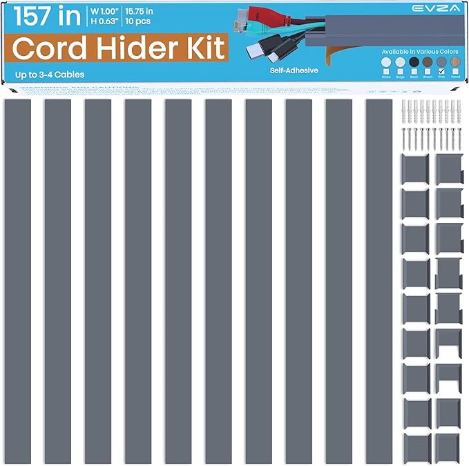 Grey Cable Cover Cord Hider - 157in Wire Hider on Wall Mounted, Grey Cord Cover Kit for Wall Mounted TV, Hide Wires Along Wall, Decorative Cable Raceway, Electrical Cable Concealer, Gray Cable Channel