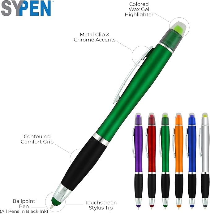 SyPen Personalized Pens with Gel Highlighter and Stylus -200 Pack Bulk-Free Imprint - 3 In Bible Highlighter No Bleed, Ballpoint Pen, and Stylus Combo- add Custom Name, Logo or Gift Message- Purple