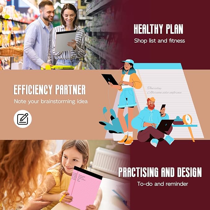 Pink Legal Pads 8.5 x 11 Wide Ruled Notepads, 3 Pack Note Pads 8.5 x 11 Lined Paper Pink Writing Pads 30 Sheets per Notepad Double-Side Printed Colored Legal Pads 8.5 x 11 for Home, Office, School