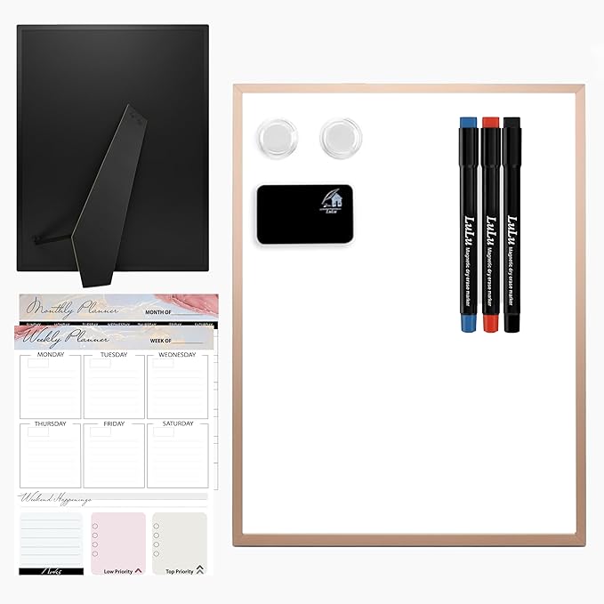 Small Whiteboard 12 x 16 Inch Magnetic Dry Erase Board with Stand & Wall Mount | Rose Gold Aluminum Frame | Planner Board with Weekly & Monthly Sheets | 3 Markers, Eraser & 2 Magnets