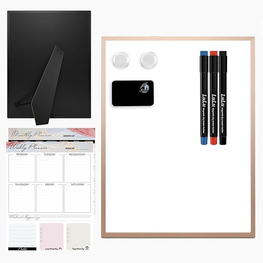 Small Whiteboard 12 x 16 Inch Magnetic Dry Erase Board with Stand & Wall Mount | Rose Gold Aluminum Frame | Planner Board with Weekly & Monthly Sheets | 3 Markers, Eraser & 2 Magnets