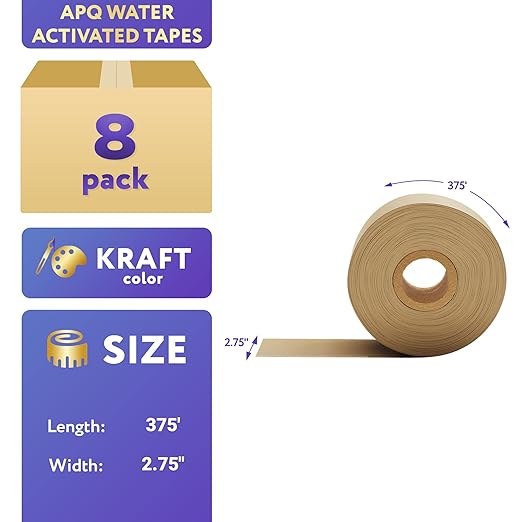 Pack of 8 Reinforced Water Activated Tapes 2.75" x 375'. Gummed Tape for Corrugated Cartons. Kraft Box Tap with Permanent Adhesion. Paper Tape for Packaging, Shipping, Mailing, Moving.