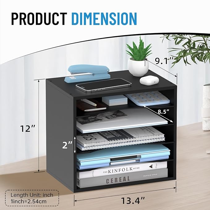 5-Tier Wood Desk Organizer, Paper Tray Organizer for Desk with Adjustable Storage Shelves, Desktop File Organization Paper Sorter Mail Holder for Office Home Classroom, Black
