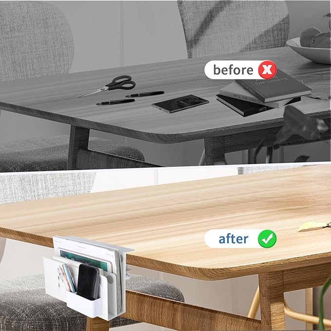 2 Tier Desk Side Storage, Under Desk Laptop Holder with Magnetic Pen Holder, Clamp on Table Organizer, No Drill Hanging Table Organizer for Office and Home Fits Flat Edge 0.3" to 2.3"