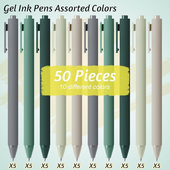 Crtiin 50 Pcs Gel Ink Pens Bulk, Black Ink 0.5mm Fine Point Retractable Pen Smooth Writing Office School Supplies for Teacher Server Operation Christmas Charity Donation Thanksgiving (Green Series)