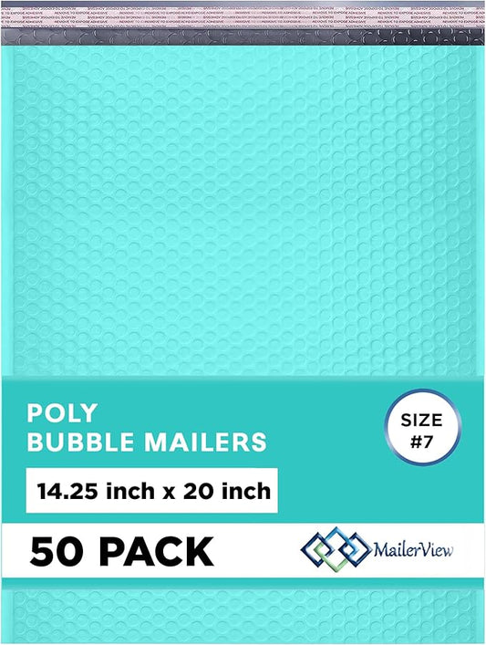 Teal Extra Large Poly Bubble Mailers 14.25x20 inch #7 | Self Seal Large Padded Envelopes | Air Cushioned Bubble Mailer | Usable Size 14.25x19 Lightweight Mailing Shipping Bags| 50 Pack Bulk