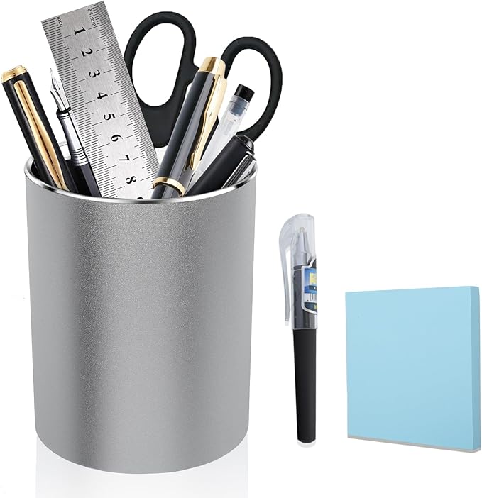 Metal Pen Holder Aluminum Pencil Holder Desktop Organizer Black for Office, School, Home 3.15 x 3.15 x 3.94 Inches-Silver