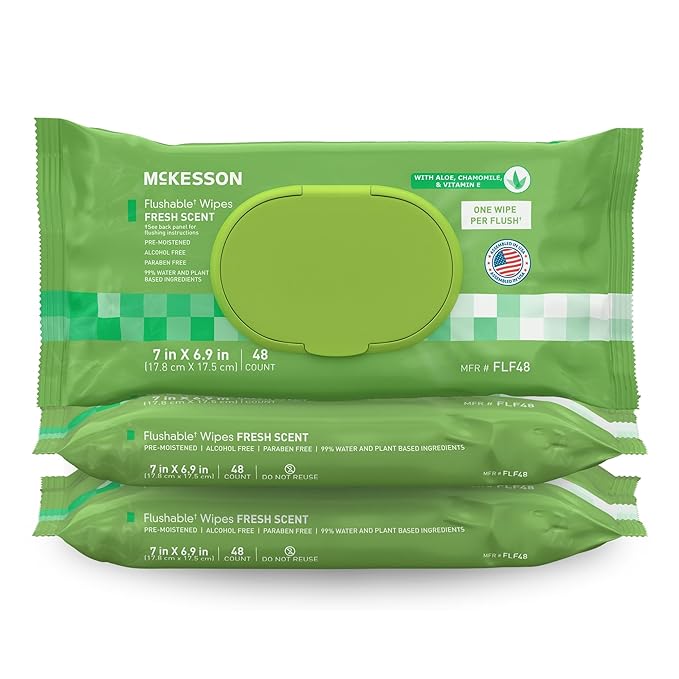 McKesson Flushable* Adult Wet Wipes – 144 Wipes (3 Pack of 48) – Aloe & Vitamin E, Plant-Based Cleansing Wipes, Scented