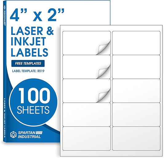 4" X 2" Printable Shipping Address Labels Compatible with Inkjet and Laser Printers - 100 Sheets, 1000 Total Matte White Paper Stickers for Mailing - Spartan Industrial Template R019