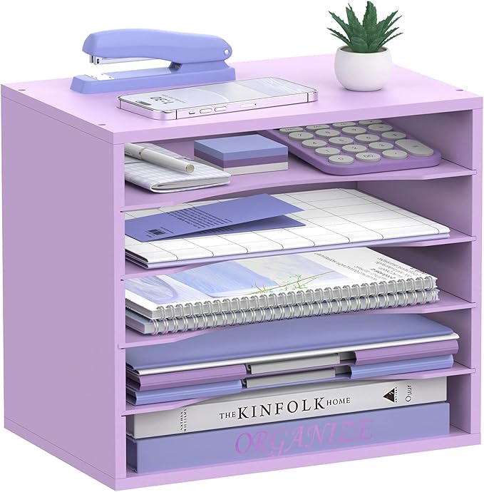 5-Tier Wood Desk Organizer, Paper Tray Organizer for Desk with Adjustable Storage Shelves, Desktop File Organization Paper Sorter Mail Holder for Office Home Classroom, Purple